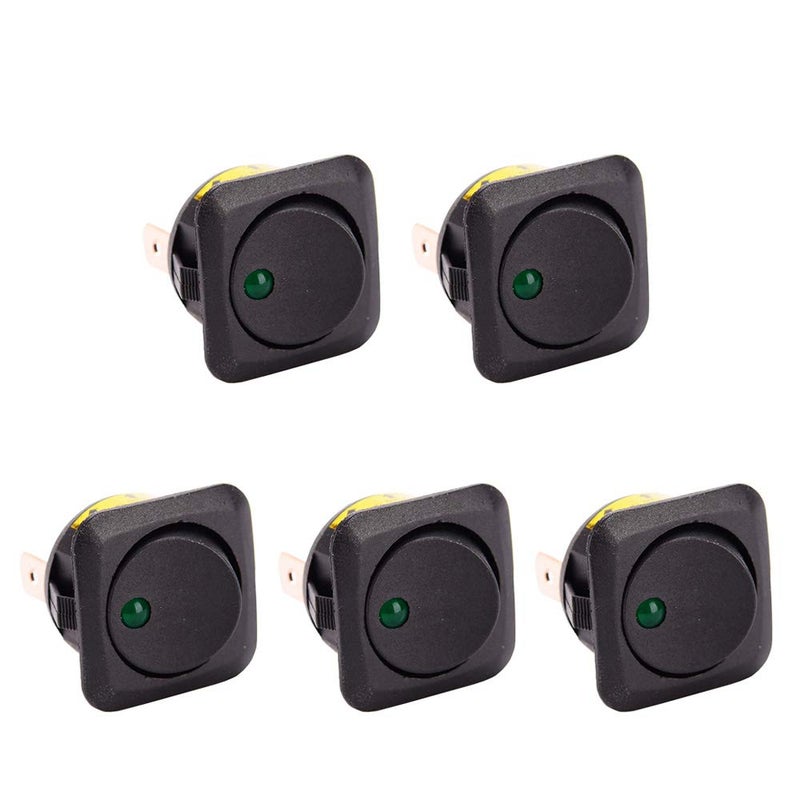 ESUPPORT 25mm Car Boat Round Dot Green LED Light Rocker Toggle Switch 12V 25A Dash Board ON Off Pack of 5